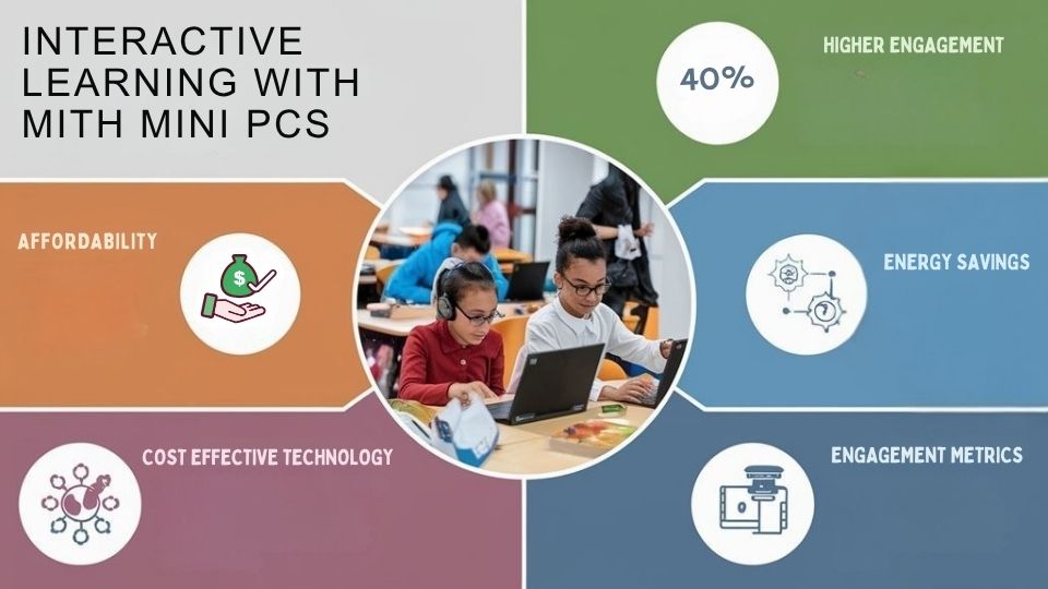 :An infographic showing how Mini PCs boost student engagement through interactive learning. Feature color-coded sections highlighting affordability, space efficiency, energy savings, and versatility. Include a central image of students actively using Mini PCs with visual data on engagement metrics.