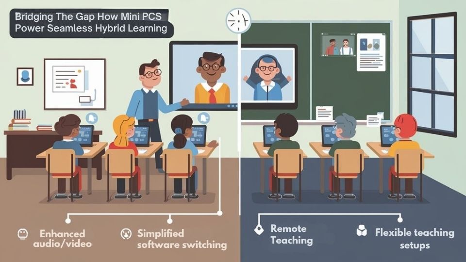 An infographic showing how Mini PCs enable hybrid classroom environments. Illustrate a classroom split with in-person students on one side and remote learners on video screens on the other. Highlight features: enhanced audio/video, simplified software switching, and flexible teaching setups.