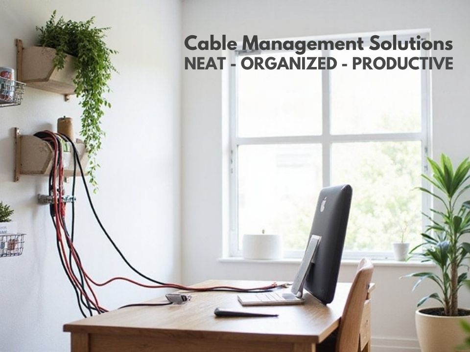 A realistic image of a sleek, modern home office with wall-mounted cable organizers, wire baskets, and labeled cable clips neatly routing colorful cords away from a wooden desk.