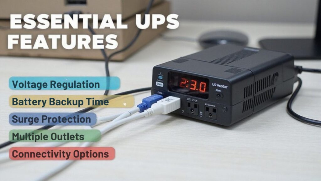 A realistic image of a mini PC connected to a UPS battery backup device on a desk, showing key features you need to consider when you select a UPS for a mini pc: LCD display showing voltage, multiple outlets, USB ports, and surge protection indicators, with clean cable management demonstrating proper power protection setup.
