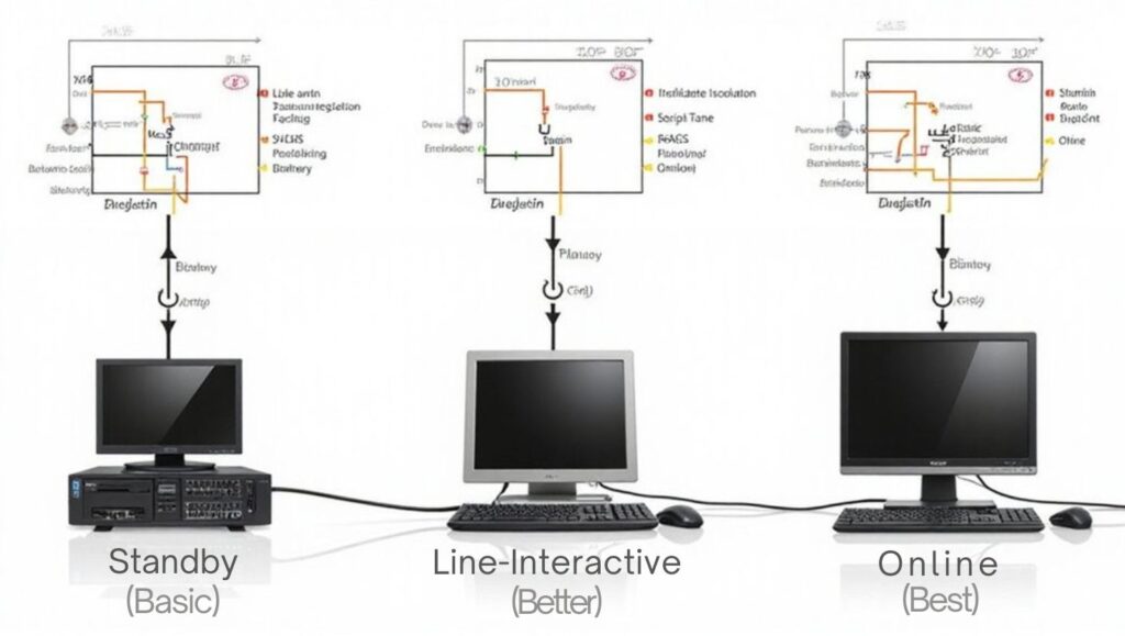 A realistic image comparing three UPS types side by side for mini PCs: Standby (basic protection), Line-Interactive (voltage regulation), and Online (complete isolation). Show power flow diagrams with battery backup, varying costs and sizes. Include a mini PC connected to each UPS with power indicators.