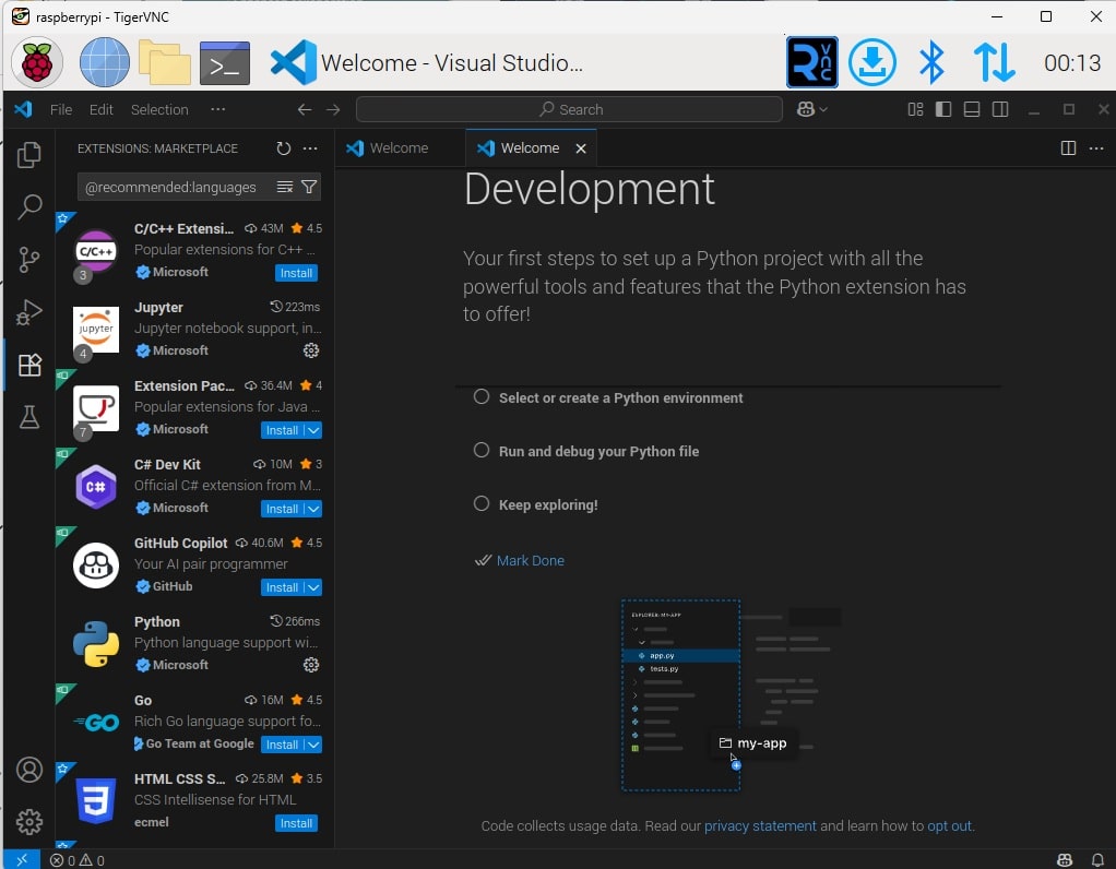Running Visual Studio Code on the Raspberry Pi remotely. Showing us during setup as we add the Python Extension.