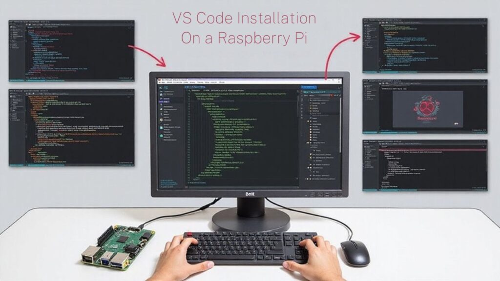 A realistic image of a person installing Visual Studio Code on a Raspberry Pi. They're connecting keyboard, mouse, and monitor to the Pi while viewing the installation screen. The step-by-step process shows terminal commands and software downloading in sequential panels arranged around the main setup.