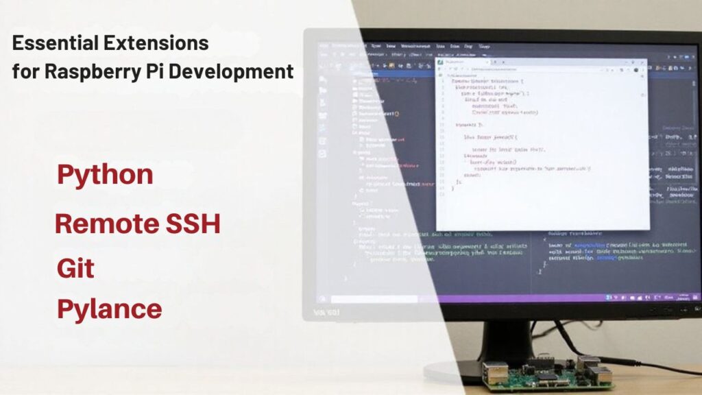 A realistic image of a Raspberry Pi 4 connected to a monitor displaying Visual Studio Code IDE with Python code. Various extensions like Python, Git, Pylance, and Remote SSH are visible in the extensions panel. The workspace shows a GPIO control project in progress. 