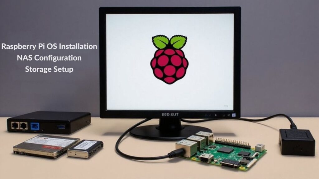 A realistic image showing a person installing Raspberry Pi OS on a microSD card for a NAS setup. The Raspberry Pi is connected to a monitor displaying the installation process. Nearby components include external hard drives, Ethernet cables, and a power supply in an organized workspace.