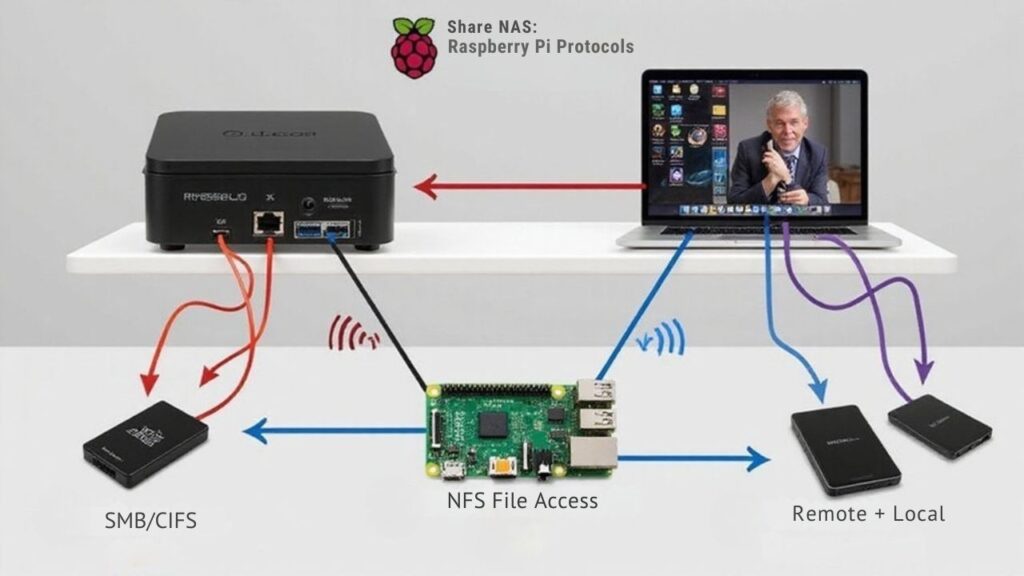 A realistic image of a Raspberry Pi setup as a Network Attached Storage (NAS) device in a home office environment, showing Ethernet connections, external hard drives, and a laptop accessing files remotely. The interface displays SMB/CIFS and NFS protocols in action, with file transfers occurring wirelessly.