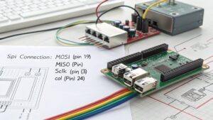 A realistic image of a Raspberry Pi with SPI pins clearly visible, connected to an external device via colored jumper wires. The setup is on a clean workspace with a GPIO pinout diagram nearby. Soft, natural lighting highlights the connections and components.