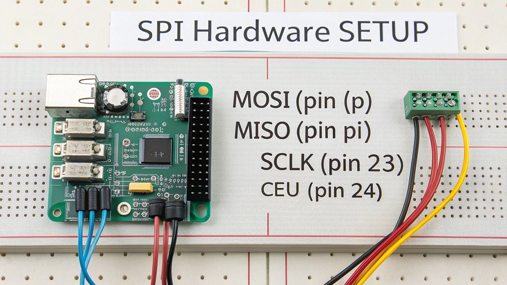 A realistic image of a Raspberry Pi 4 board with SPI pins clearly labeled (MOSI, MISO, SCLK, CE0) and showing physical connections to an SPI device like an MCP3008 ADC chip, with jumper wires connecting corresponding pins. The setup is on a clean workbench with proper wiring.