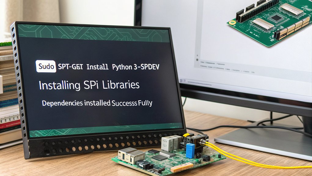 A realistic image showing a programmer installing SPI libraries on Raspberry Pi, with command line terminal open displaying installation commands. Computer screen shows "sudo apt-get install python3-spidev" being executed. Raspberry Pi board visible with SPI pins highlighted.