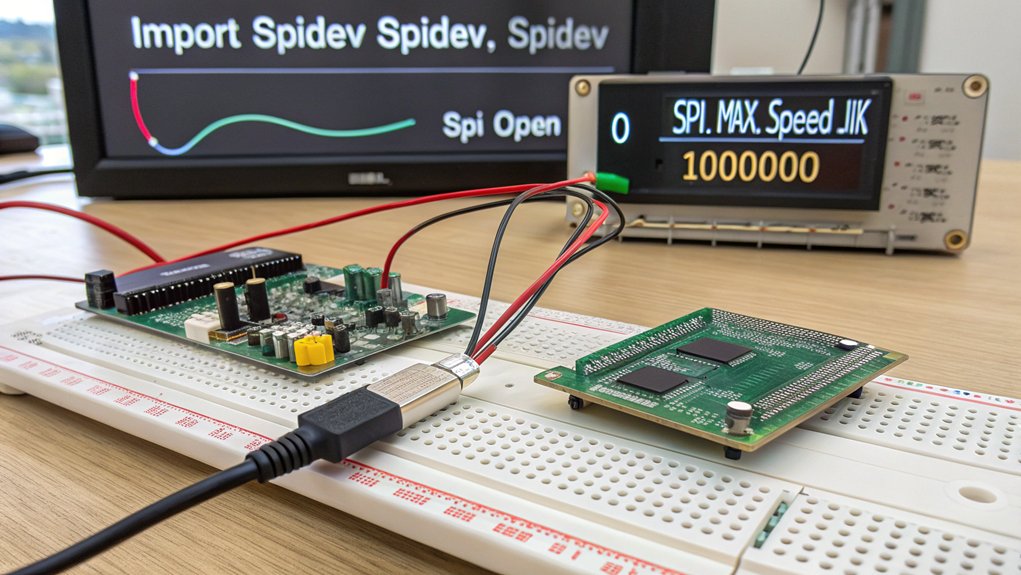 A realistic image showing a Raspberry Pi connected to a breadboard with SPI devices. Python code displayed on a monitor shows SPI initialization commands. Close-up view of GPIO pins with labeled MOSI, MISO, SCLK, and CS connections. A developer's hands type code while LEDs indicate active communication.