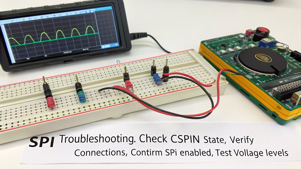 A realistic image of a Raspberry Pi breadboard setup showing SPI debugging, with visible oscilloscope displaying clear signal waveforms. A multimeter tests connections between the Pi GPIO pins and components. Close-up reveals proper wiring of MOSI, MISO, SCLK, and CS pins with color-coded jumper wires.