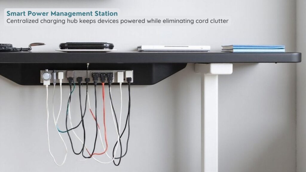 A realistic image depicting a sleek home office setup with a dedicated power station mounted under the desk, featuring multiple devices neatly plugged in with color-coded cables. Cable clips organize wires along the desk edge, maintaining a clean, professional workspace.
