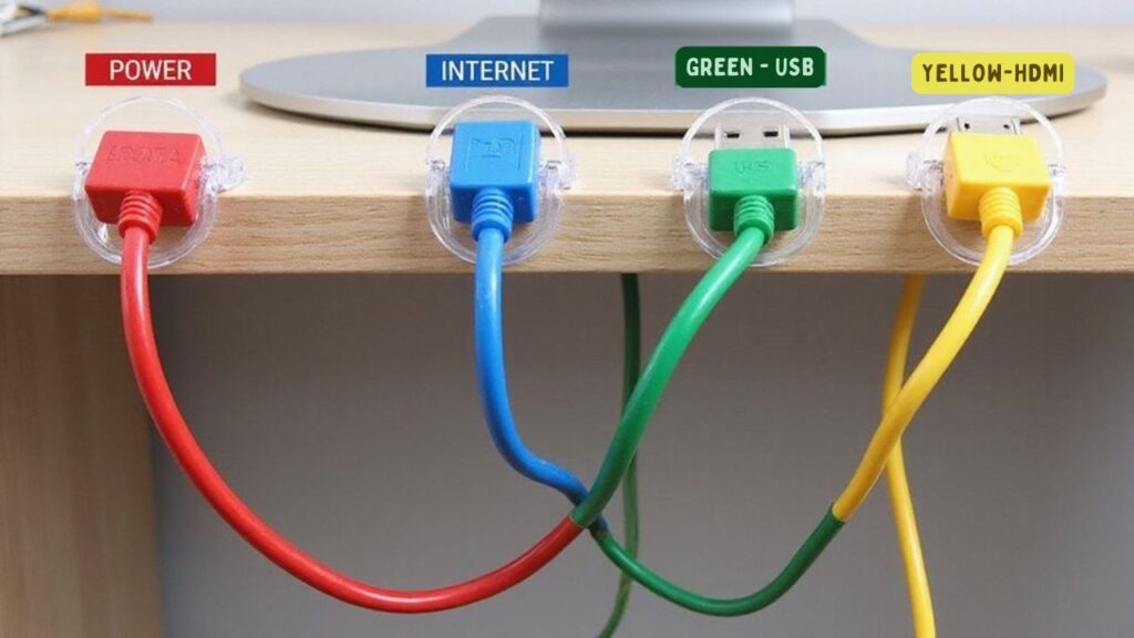 A realistic image showing a well-organized home office desk with color-coded cables: red for power, blue for internet, green for USB, and yellow for HDMI. Each cable runs through clear labeled clips on the desk edge. The setup demonstrates clean cable pathways with minimal tangling.