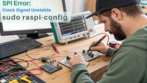:A realistic image of a frustrated engineer troubleshooting SPI communications issues on a Raspberry Pi. The workbench shows oscilloscope displaying irregular waveforms, multimeter, logic analyzer connected to GPIO pins, and terminal window with error messages. Close-up of MOSI/MISO/CLK connections with visible loose wiring.