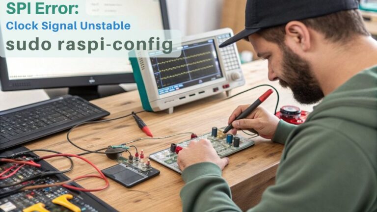 :A realistic image of a frustrated engineer troubleshooting SPI communications issues on a Raspberry Pi. The workbench shows oscilloscope displaying irregular waveforms, multimeter, logic analyzer connected to GPIO pins, and terminal window with error messages. Close-up of MOSI/MISO/CLK connections with visible loose wiring.