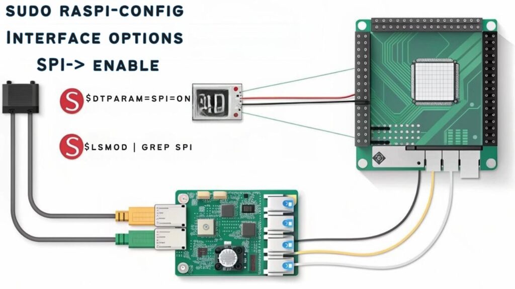 :A realistic image of a Raspberry Pi motherboard with SPI pins clearly visible, connected to a display module. Wires properly connect MISO, MOSI, SCLK, and CS pins. A terminal window shows SPI configuration commands being executed. Background shows troubleshooting tools and documentation.