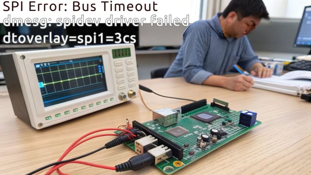 A realistic image showing a Raspberry Pi board with SPI pins connected to an oscilloscope displaying error signals. A frustrated engineer troubleshooting with terminal open showing "spidev" errors, kernel logs, and failed device tree overlays on a cluttered workbench.