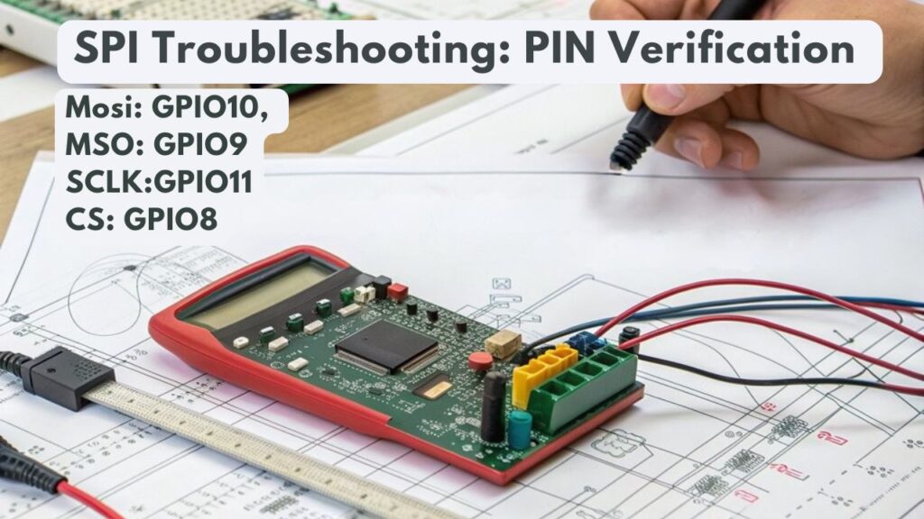 A realistic image showing an electronics engineer examining a Raspberry Pi connected to an SPI peripheral device, using a multimeter to probe MOSI, MISO and CS pins. Various wires connect components on a workbench with technical diagrams nearby. Closeup of pin headers with labels visible.