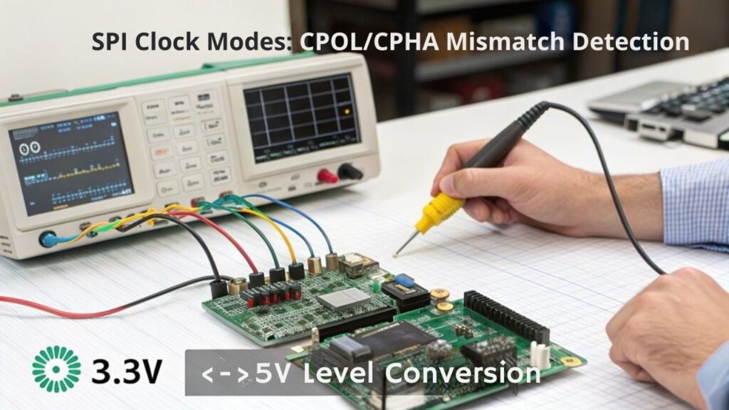 :A realistic image of a Raspberry Pi connected to multiple SPI devices with visible oscilloscope showing irregular waveforms. An engineer troubleshooting SPI Communications with a multimeter anda logic analyzer while consulting datasheets. Focus on different clock modes and voltage levels causing compatibility issues.