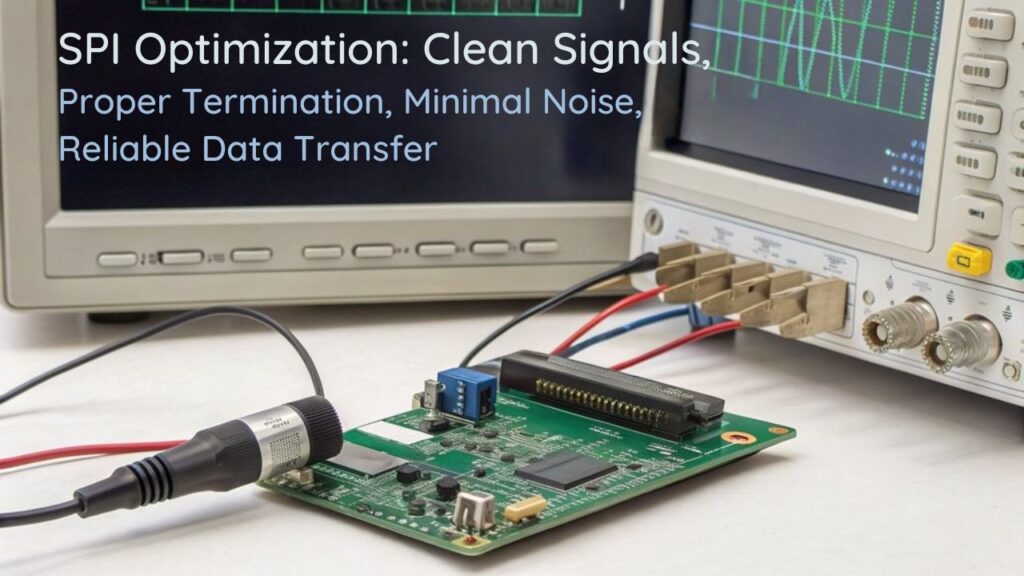:A realistic image showing a Raspberry Pi with exposed SPI pins connected to an oscilloscope displaying clean square wave signals. Circuit includes proper termination resistors and short, shielded cables. Engineer using logic analyzer to debug communication. Clean workbench with minimal interference sources.