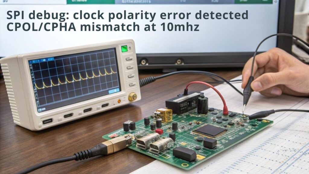 A realistic image showing a close-up of a Raspberry Pi with connected oscilloscope probes attached to SPI pins (MOSI, MISO, SCLK, CS). The engineer troubleshooting SPI communications by analyzing digital waveforms on a modern oscilloscope screen displaying protocol errors. Components include logic analyzer and electronics test equipment in a clean workspace