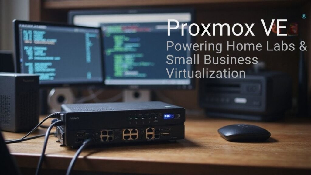 A realistic image showing Proxmox VE running on a small mini-PC setup in a home office environment with multiple virtual machine instances displayed on a monitor. Include network cables connected to a small switch and NAS device nearby, demonstrating a complete home lab virtualization software solution.