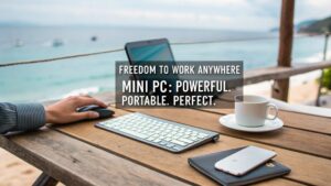 A realistic image of a digital nomad working on a sleek mini PC setup at a beachside café, wireless keyboard and mouse on a wooden table, ocean view in background, focused expression, smartphone nearby, coffee cup and passport visible.