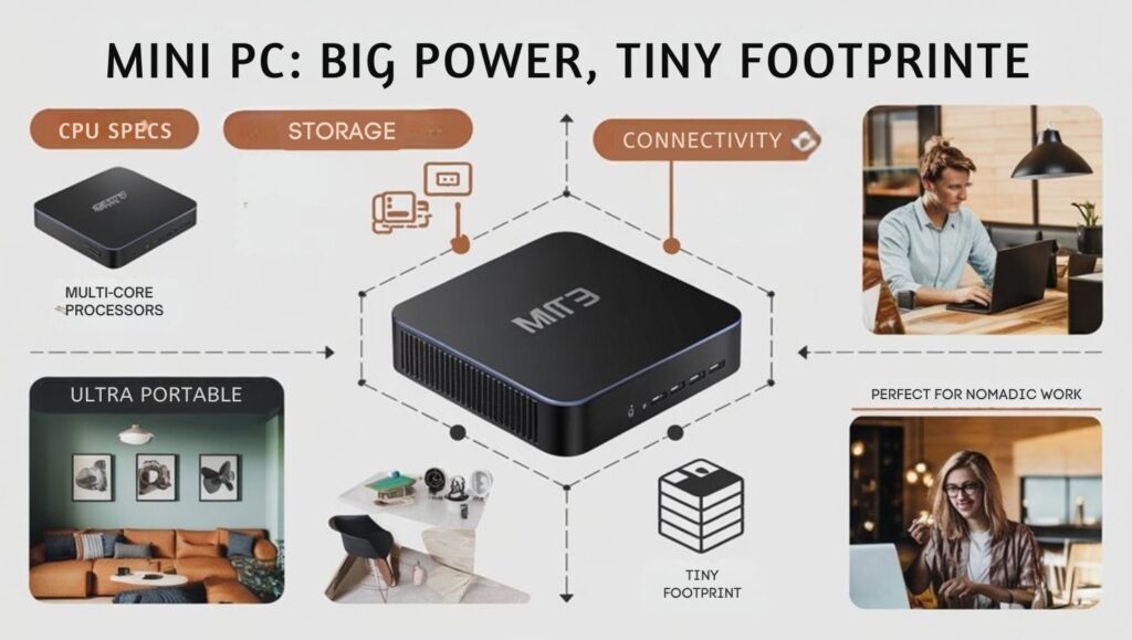 An infographic illustrating how mini PCs offer powerful performance in compact form for digital nomads. Show size comparison, key specs (multi-core processors, 32GB RAM, 2TB storage), connectivity ports, and setup examples in coffee shops, hotels, and coworking spaces. Include power consumption and portability benefits.