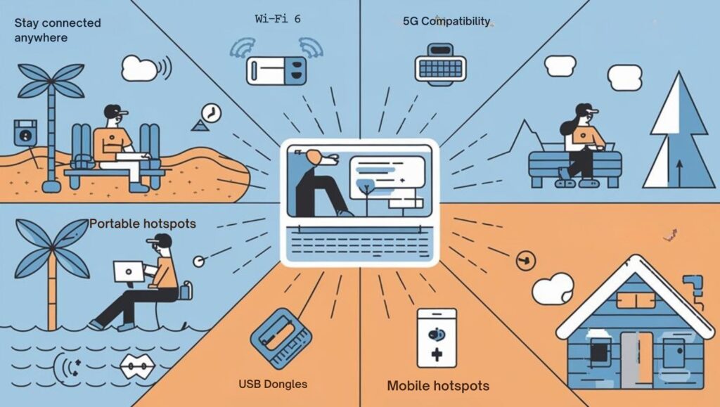 An infographic showing a digital nomad working on a Mini PC in various locations (beach, café, mountain cabin) with radiating icons and brief labels for Wi-Fi, 5G modems, Bluetooth peripherals, and portable hotspots. Use blue and orange color scheme with simplified device illustrations.