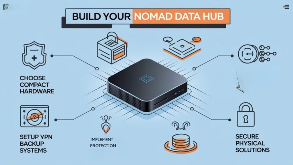 :An infographic showing a sleek mini PC setup in a travel context with 5 simple steps to create a secure data hub while traveling. Include icons for encryption, VPN, backup systems, physical security, and remote access. Use a modern blue and orange color scheme. 