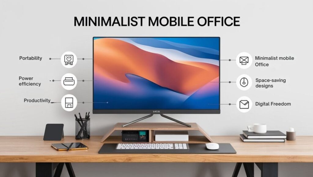 An infographic visualizing a minimalist mobile office setup for digital nomads using mini PCs. Show a sleek workspace with a compact mini PC, portable monitor, and essential peripherals. Include icons for key benefits: portability, power efficiency, performance, and connectivity. Use a clean design with minimal color palette.