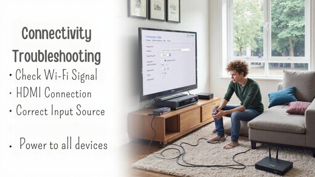 A realistic image of a person troubleshooting a connection of a wireless mini PC to TV, showing a living room setup with HDMI cables, Wi-Fi router nearby, and a frustrated expression as they examine connection settings on both devices. Cable management issues visible.