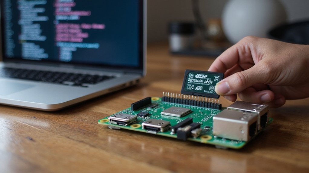 A realistic image showing a Raspberry Pi headless. A board with an SD card being inserted. A laptop nearby displays SSH configuration files. The scene is well-lit on a wooden desk with terminal commands visible on the laptop screen. The setup demonstrates enabling SSH before first boot for headless operation.