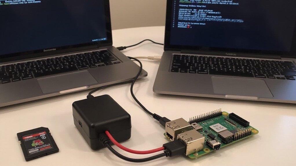 A realistic image showing a Raspberry Pi headless, connected to an ethernet cable, a power adapter, and an SD card nearby. A laptop displays a terminal window with SSH connection. Clean desk setup with minimal clutter, warm lighting highlighting the components.