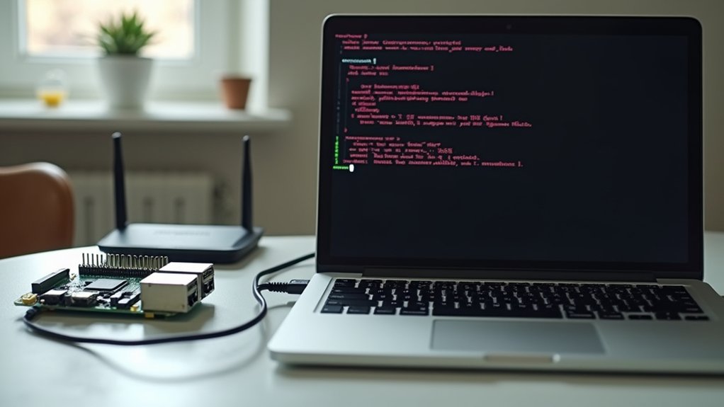A realistic image showing a Raspberry Pi 4 connected to a home network with an Ethernet cable, displaying its IP address on a laptop screen using an SSH terminal. The terminal shows a command prompt and the output of "hostname -I" revealing the IP address. The setup is on a clean desk with a router nearby.
