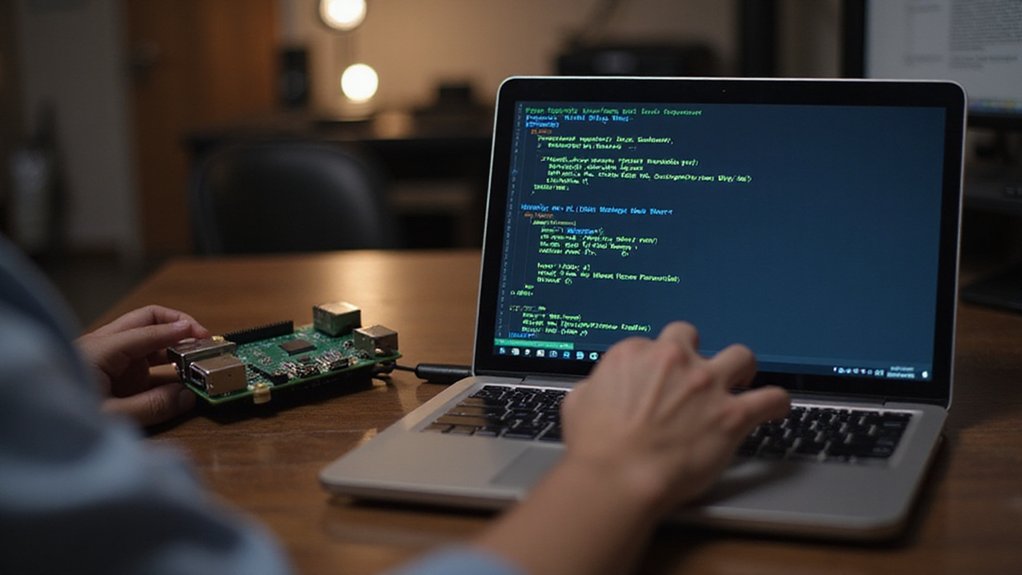 A realistic image showing a person wirelessly connecting to a Raspberry Pi 4 via laptop. The Pi is powered on (LED lights visible) but has no monitor attached. On the laptop screen, a terminal window displays Wi-Fi configuration commands while the person types. Background shows home office setting.