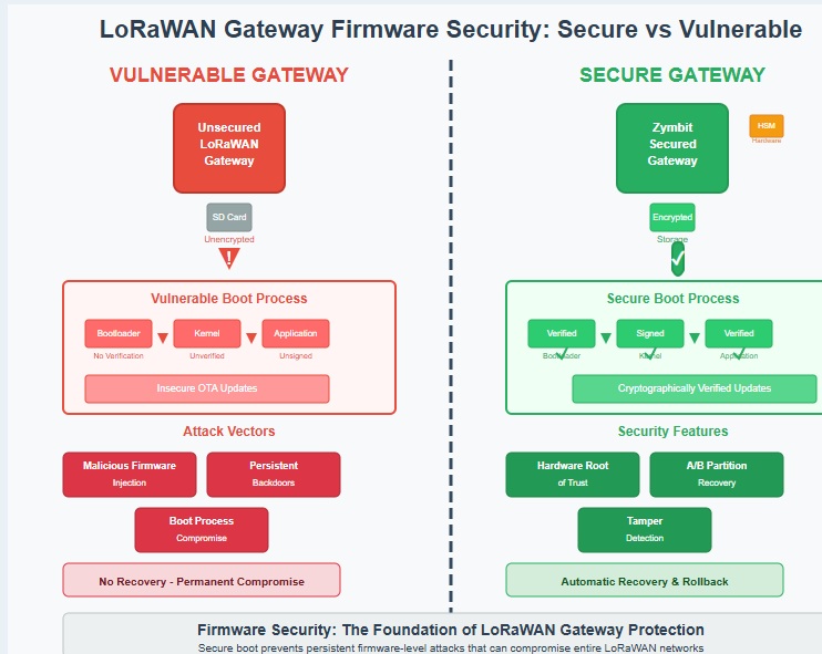 LoRaWAN gateway security firmware comparison showing vulnerable vs secure boot processes with Zymbit protection