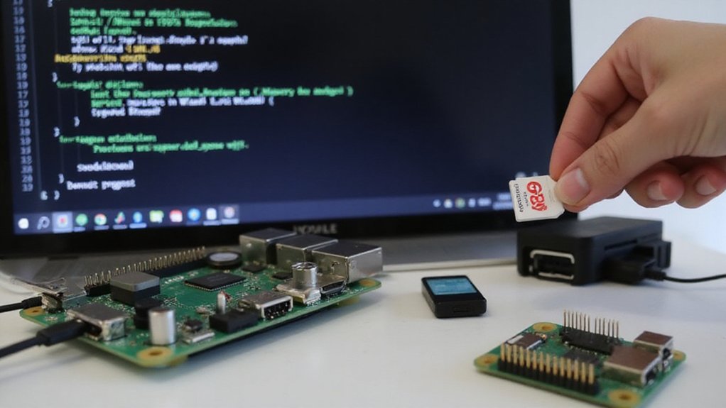 A realistic image of a microSD card being inserted into a card reader connected to a laptop. The laptop screen shows the Raspberry Pi OS installation process with terminal commands visible. Nearby are a Raspberry Pi 4 board and a Wi-Fi dongle.