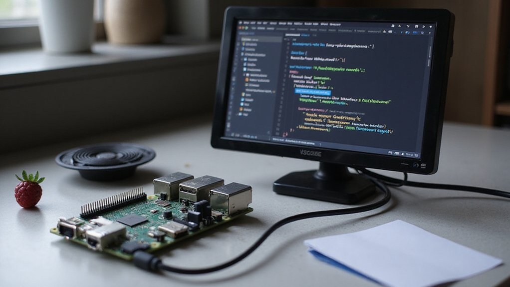 A realistic image of a Raspberry Pi 4 connected to a small monitor displaying Visual Studio Code, with performance optimization settings visible on screen. A cooling fan is attached to the Pi, and RAM upgrade components nearby. Clean workspace with coding notes. 