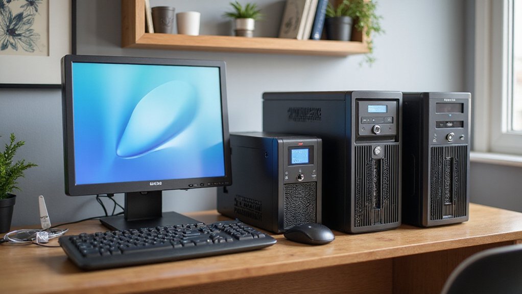 A realistic image showing a home office setup with a mini PC connected to a professional-grade UPS system. The desk displays comparison of popular UPS brands like CyberPower, APC, and Eaton specifically sized for mini computers. Focus on compact design, LCD power monitoring displays, and battery backup time specifications.