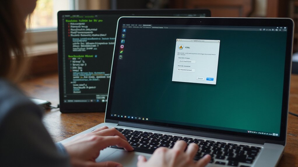 A realistic image of a person remotely accessing a Raspberry Pi through VNC software on a laptop. The screen shows a Raspberry Pi desktop with a terminal window open displaying VNC connection settings. The Pi is visible in the background, running headlessly without a monitor.