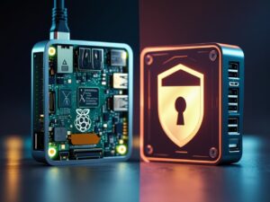 Securing Raspberry Pi comparison showing vulnerable vs protected devices with hardware security modules