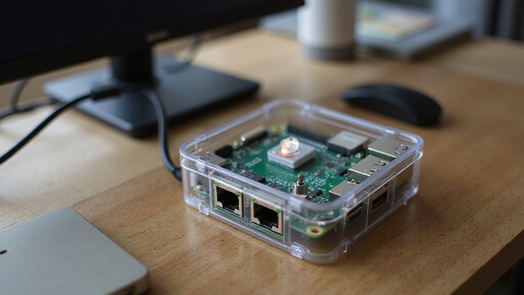 A realistic image of a Raspberry Pi 4 device secured in a transparent case, connected to ethernet cable and power supply but no monitor. The device sits on a wooden desk with a tiny padlock symbol illuminated on its status LED. Clean, well-lit home office setting.