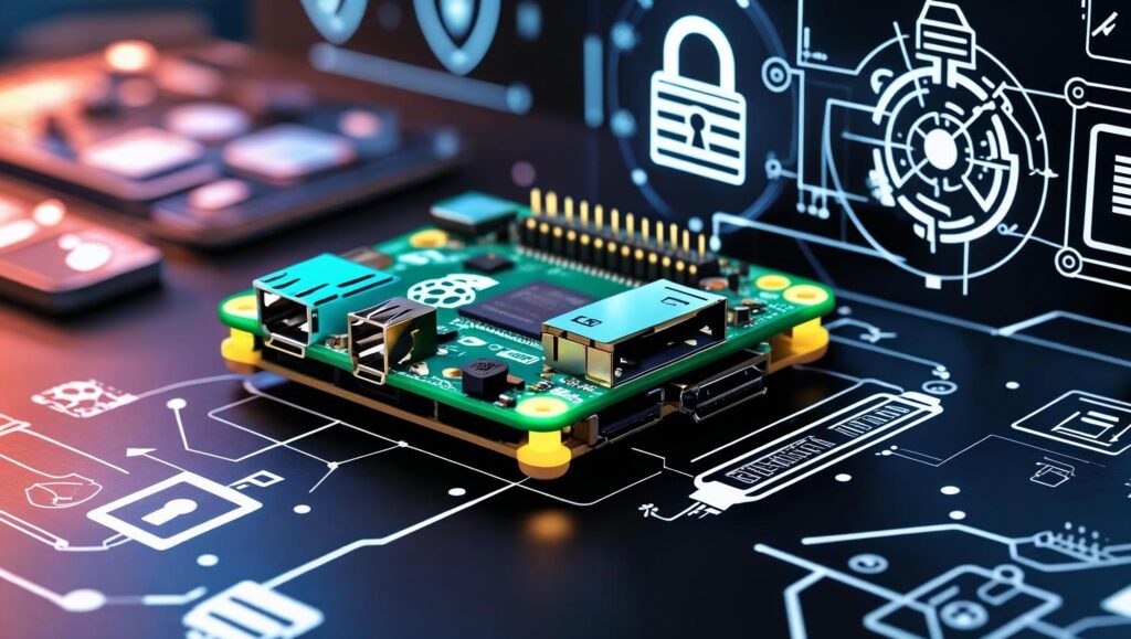Raspberry Pi security vulnerabilities illustration showing exposed SD card and attack vectors for IoT device protection. This shows why securing raspberry pi is important.