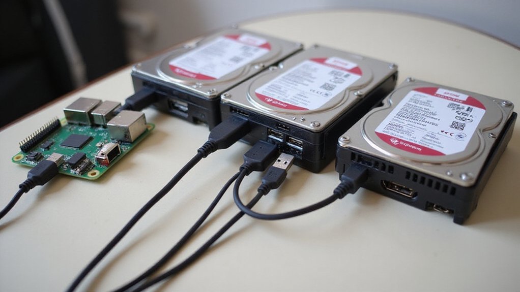 A realistic image of a person setting up external storage drives for a Raspberry Pi NAS. Multiple hard drives connected to a compact Raspberry Pi board via USB cables on a clean desk. Close-up view showing the connection process with labels clearly visible on the drives and ports. 