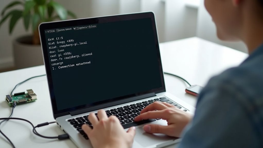 A realistic image showing a person typing on a laptop with an SSH terminal window open, connecting to a small Raspberry Pi device nearby with network cables. The setup appears on a clean desk with soft lighting, depicting initial remote access to the Pi.
