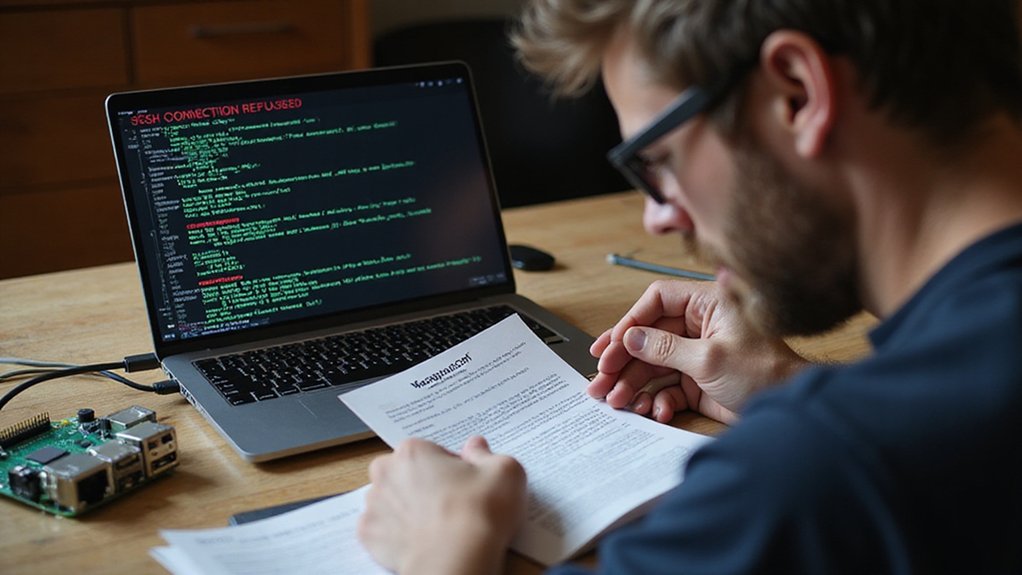 A realistic image showing a person troubleshooting a headless Raspberry Pi setup at a desk with SSH connection errors on a laptop screen, Wi-Fi configuration files, and ethernet cable nearby. The frustrated user is examining a config file while referencing documentation.