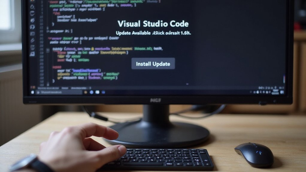 A realistic image showing a Raspberry Pi 4 connected to a monitor displaying Visual Studio Code's update notification. The interface shows the latest version being downloaded with progress bar. A hand is clicking "Install Update" button on a wireless keyboard nearby