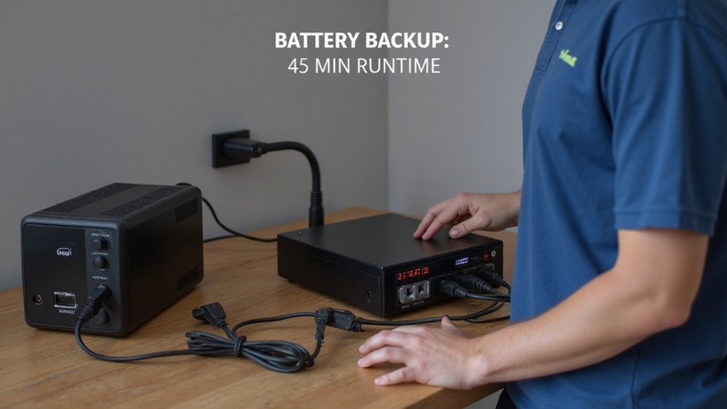 A realistic image showing a person connecting a mini PC to a UPS system on a desk. The setup includes power cables, outlets, and LED indicators showing battery status. The person is testing backup power by unplugging the UPS from the wall while monitoring the mini PC's continued operation.