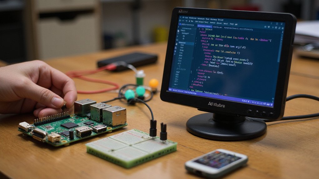 A realistic image of a Raspberry Pi 4 connected to a small monitor displaying Visual Studio Code editing Python code for a home automation project. Electronic components like sensors, LEDs, and a breadboard are arranged beside it on a wooden desk. A person's hand is visible making a connection.